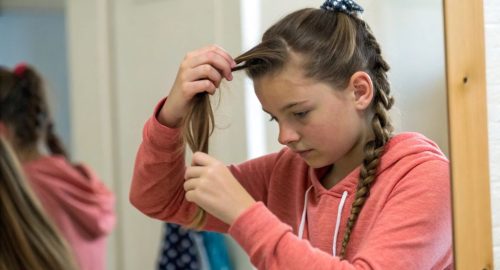 Teen girl styling her hair in a quick 5-minute hairstyle before school, showing an easy and trendy look for busy mornings