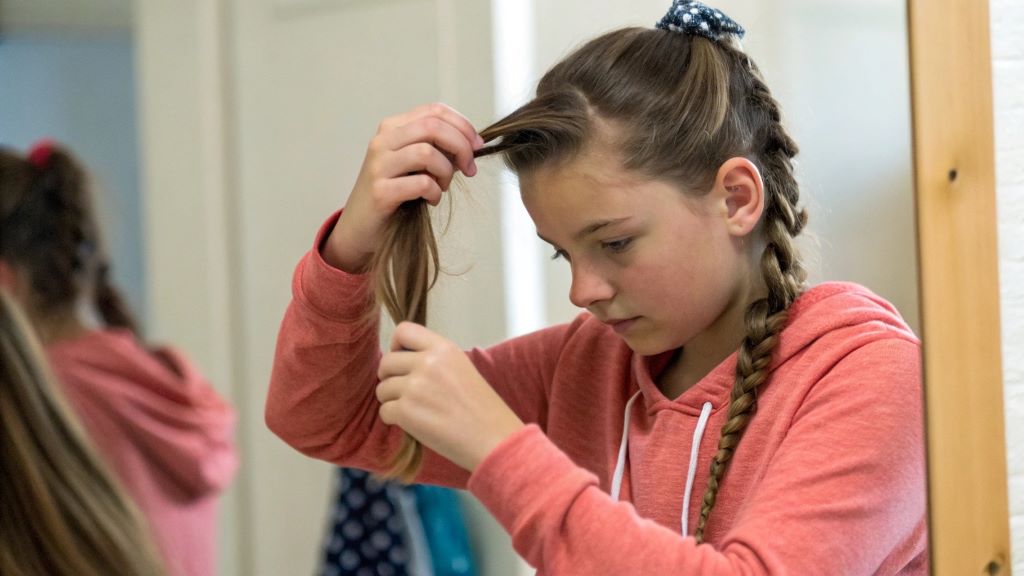 Teen girl styling her hair in a quick 5-minute hairstyle before school, showing an easy and trendy look for busy mornings
