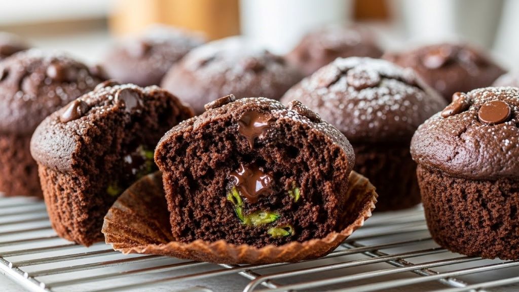 Chocolate zucchini muffins on a cooling rack with one muffin broken open showing moist interior texture