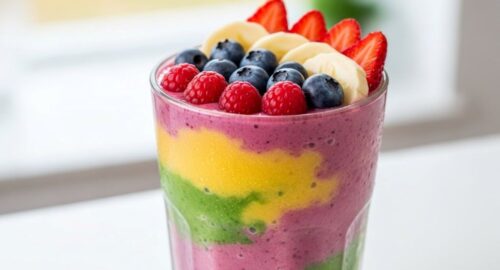 Colorful fruit smoothie with hidden spinach in a clear glass with berries and banana visible on top