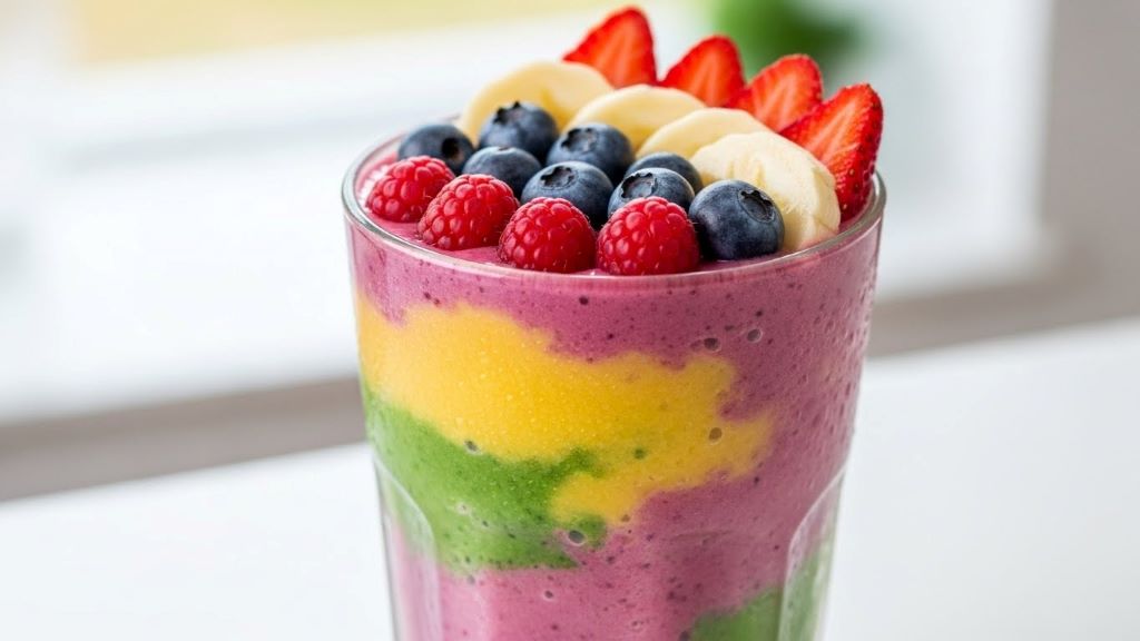 Colorful fruit smoothie with hidden spinach in a clear glass with berries and banana visible on top