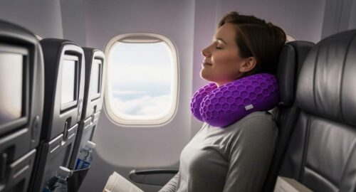 Traveler using Purple Harmony Anywhere pillow on airplane seat for neck support
