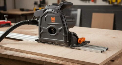 WEN 7.25-inch track saw cutting plywood on a guide track, showing clean straight edge and dust port in action