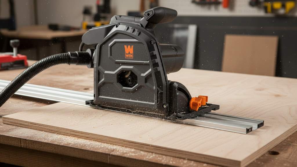 WEN 7.25-inch track saw cutting plywood on a guide track, showing clean straight edge and dust port in action