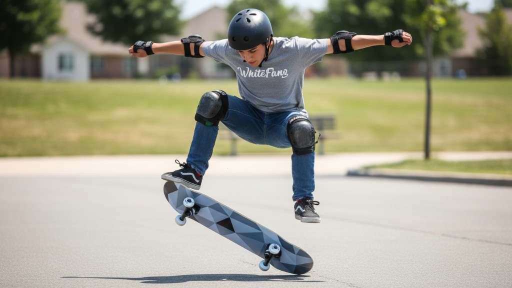 Beginner rider practicing ollie on WhiteFang 31 complete skateboard with double kick concave deck