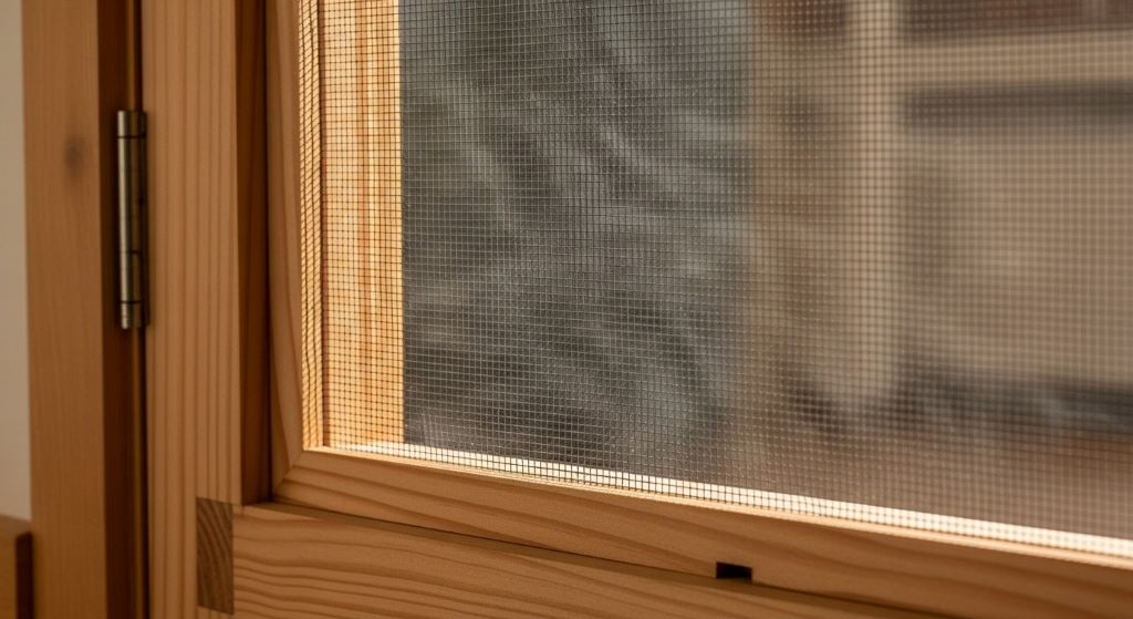 Close-up of wood screen door mesh showing airflow pattern and frame construction for effective cross-ventilation cooling