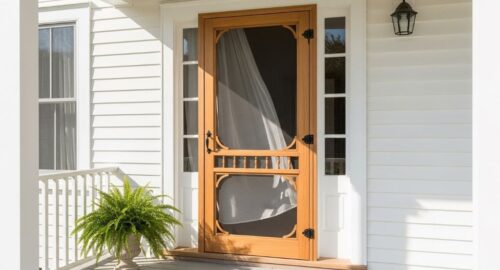 Traditional wood frame screen door with mesh panel installed on white house exterior for natural ventilation and cooling