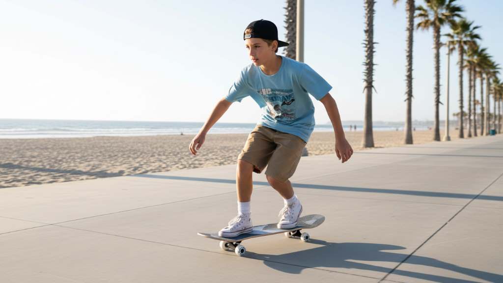 Young skater cruising on WhiteFang 31 entry-level skateboard with smooth PU wheels in action