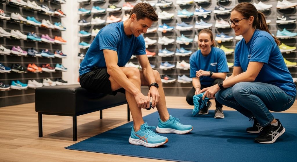 New runner trying on cushioned running shoes at specialty footwear store with staff assistance
