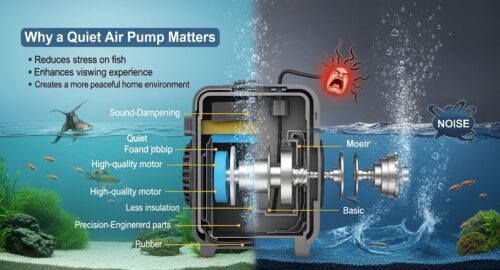 Quiet aquarium air pump with rubber isolation feet on wooden cabinet