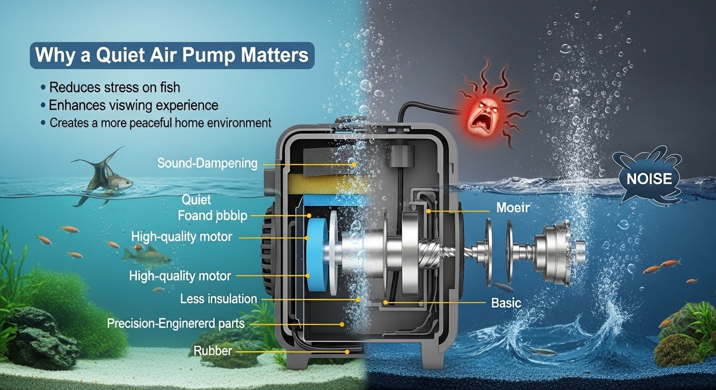 Quiet aquarium air pump with rubber isolation feet on wooden cabinet