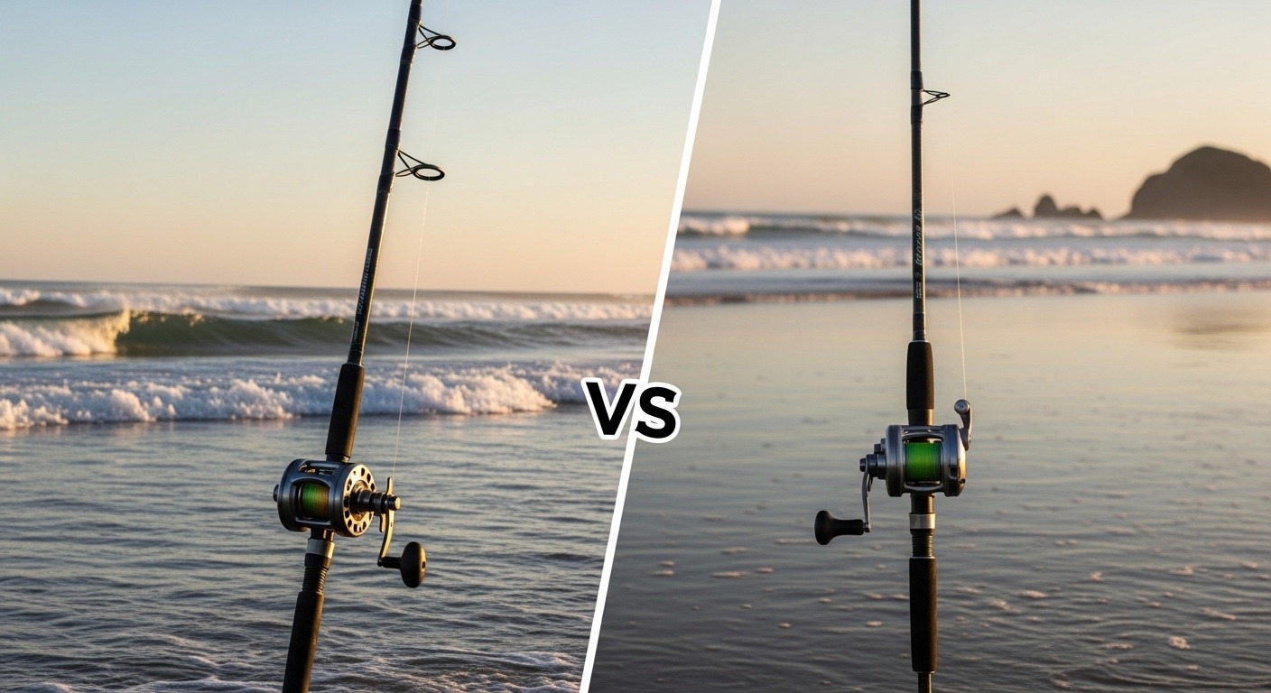 Comparison diagram showing 12-foot surf fishing rod next to 7-foot spinning rod with length measurements and guide placement differences