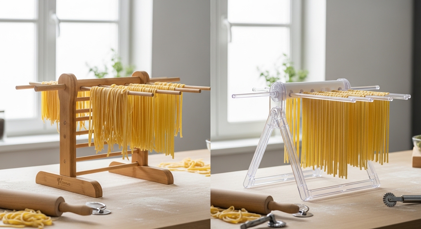 Bamboo pasta rack with fresh fettuccine strands drying