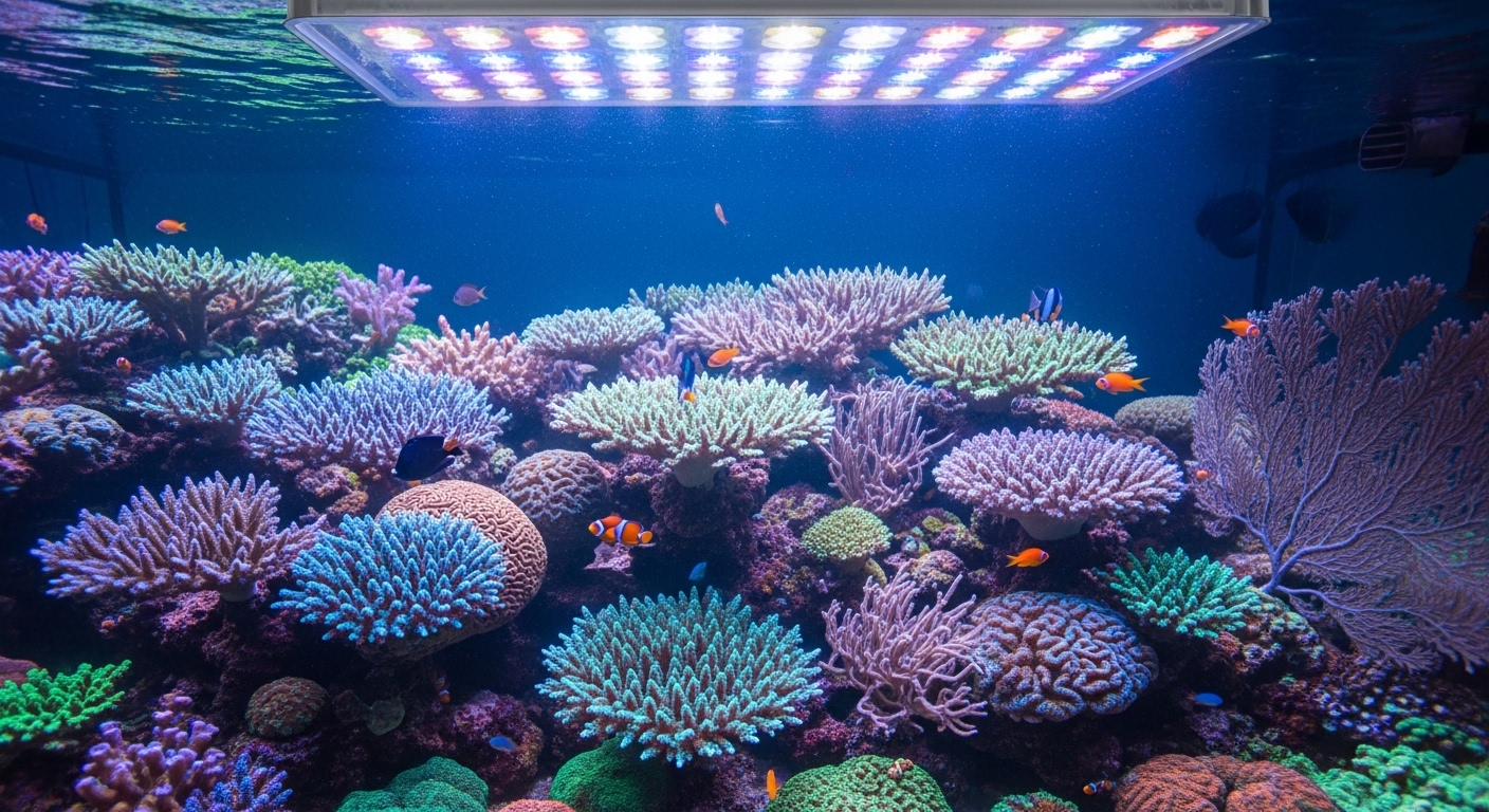reef aquarium with blue spectrum lighting highlighting coral fluorescence