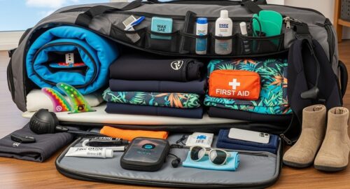 surf gear organized for surf trip with fins leash and board bag