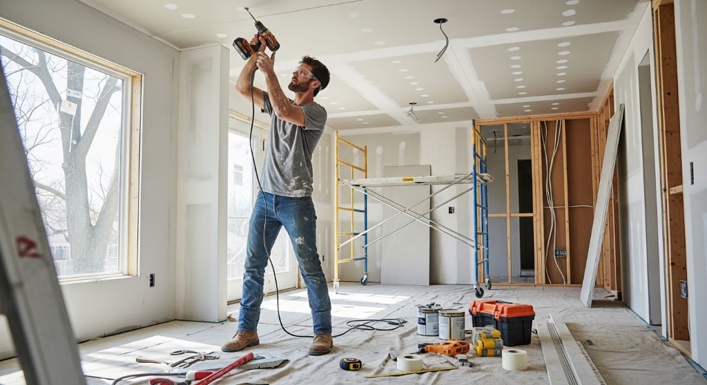 A man using a cordless drill during a home renovation project in a bright, modern room under construction