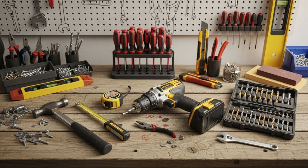 A neatly organized workbench with a variety of home improvement tools including a drill, hammer, tape measure, and screwdrivers