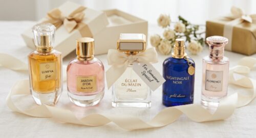 Elegant perfume bottles arranged as gift ideas on a soft white background with ribbon