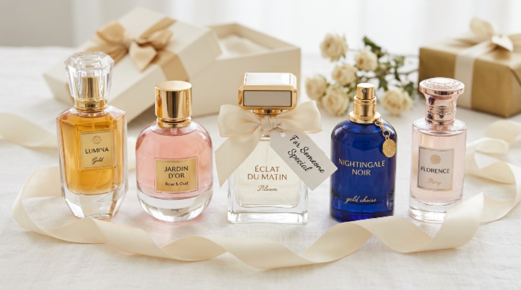 Elegant perfume bottles arranged as gift ideas on a soft white background with ribbon
