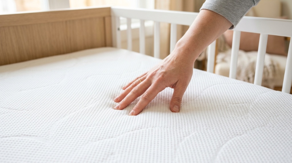 A peaceful baby sleeping on their back on a snugly fitted crib mattress.