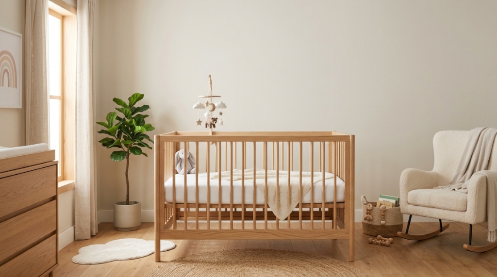 A clean, modern wooden baby crib with a firm white mattress in a sunlit nursery.