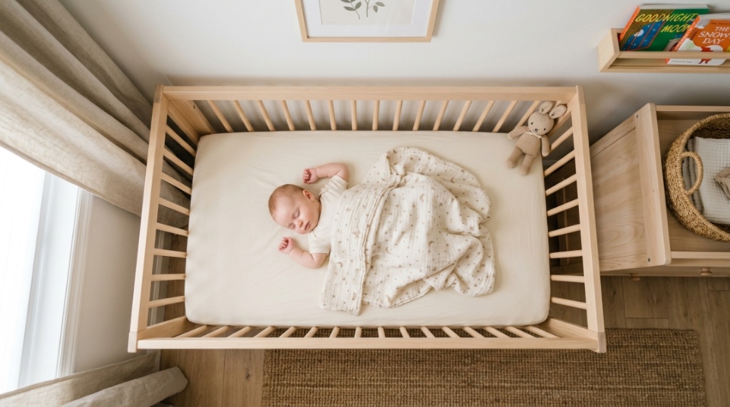 A hand pressing down on a firm white mattress to test support for a baby.
