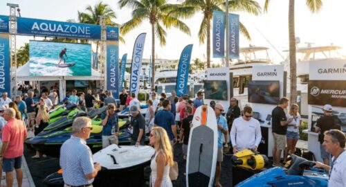Rows of luxury superyachts docked along the floating marinas at the Fort Lauderdale International Boat Show 2026 in the Superyacht Village at Pier 66