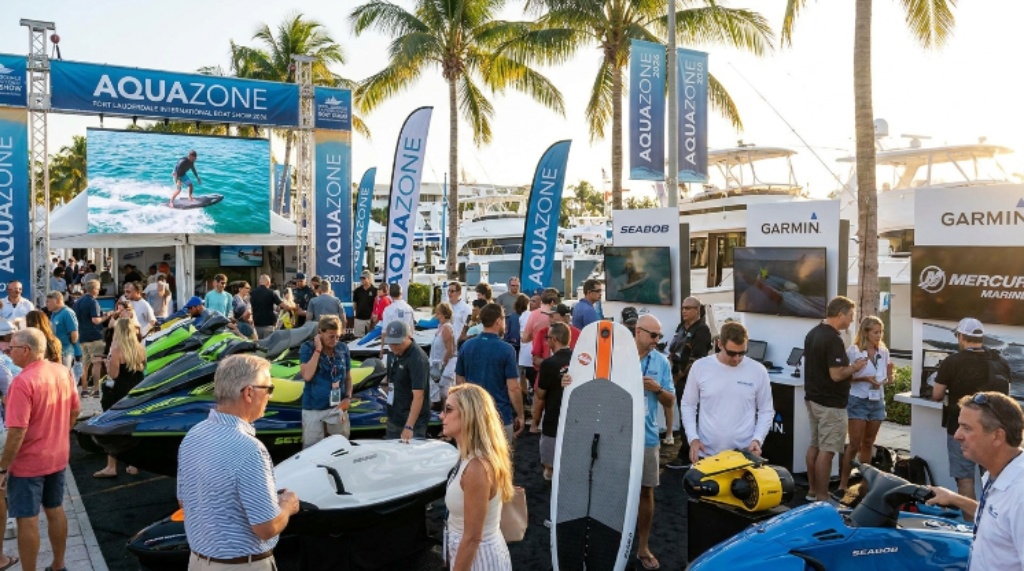 Rows of luxury superyachts docked along the floating marinas at the Fort Lauderdale International Boat Show 2026 in the Superyacht Village at Pier 66