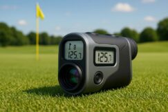 Digital golf rangefinder displaying accurate yardage on the fairway