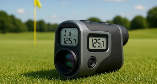 Digital golf rangefinder displaying accurate yardage on the fairway