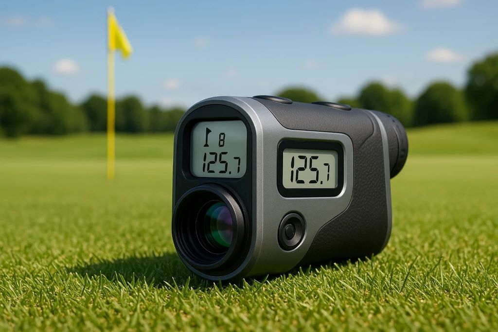 Digital golf rangefinder displaying accurate yardage on the fairway