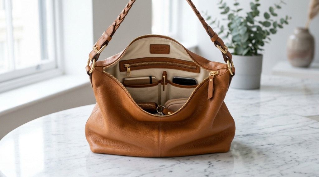Open premium hobo bag showing high-quality interior lining and pockets.