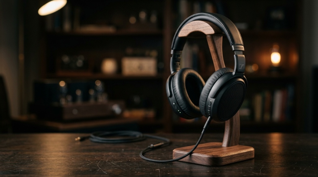 Hands unboxing new sleek headphones package clean desk laptop background.