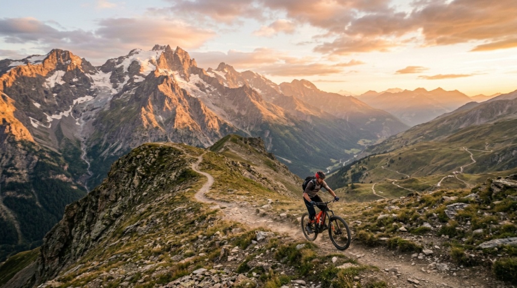 Flat lay of a cycling helmet, hydration pack, and tools for trail riding.