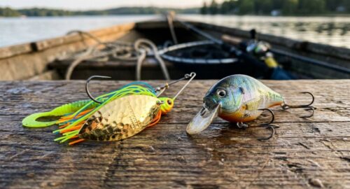 A side-by-side close-up of a gold spinnerbait and a blue crankbait lure on wood.