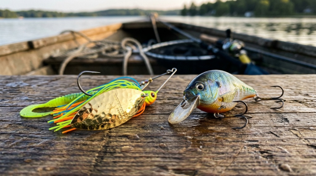A side-by-side close-up of a gold spinnerbait and a blue crankbait lure on wood.