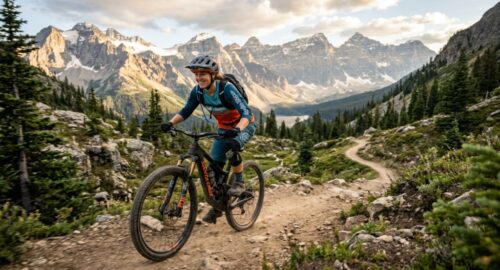 A mountain biker riding a correctly sized trail bike with relaxed, comfortable body posture.
