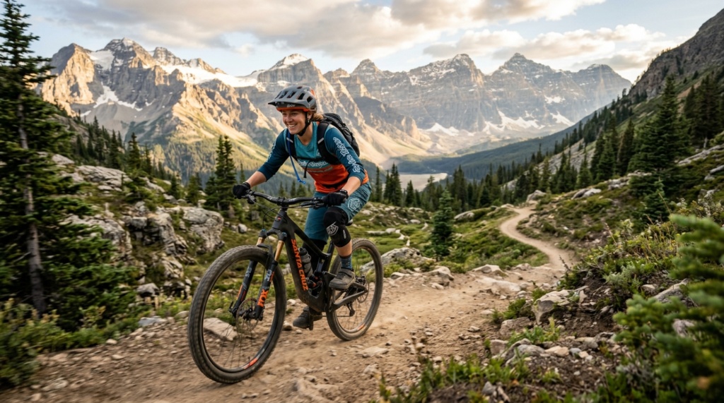 A mountain biker riding a correctly sized trail bike with relaxed, comfortable body posture.