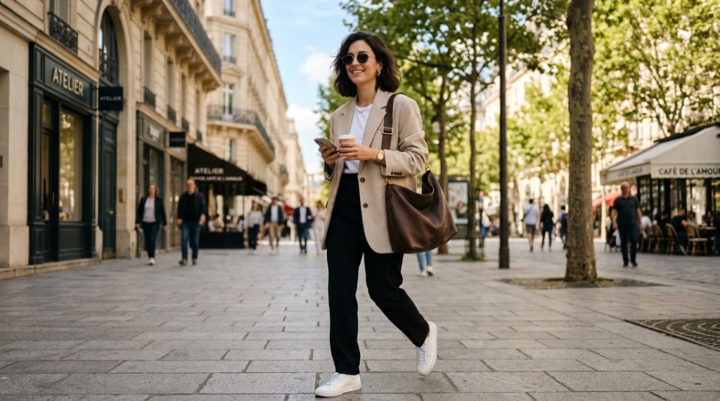 Woman wearing a luxury leather hobo bag on a city street.