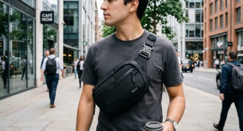 A person wearing a minimalist black sling bag across their chest on a city street.