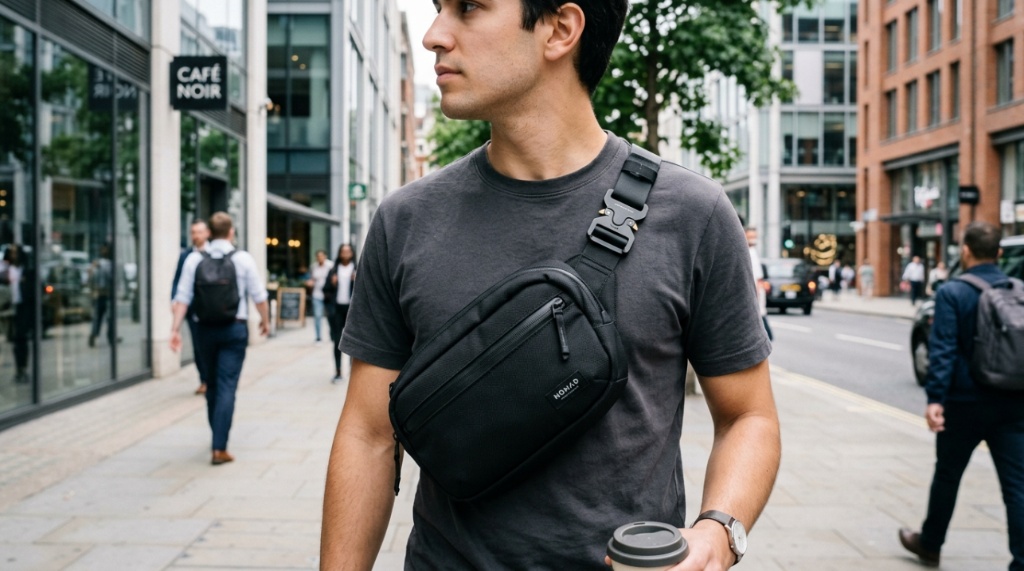 A person wearing a minimalist black sling bag across their chest on a city street.