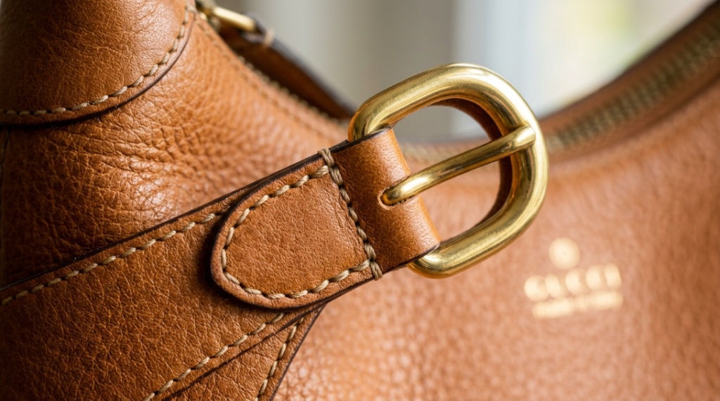 Close-up of neat stitching and gold hardware on a premium hobo bag.