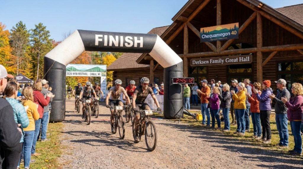 Cyclists crossing the finish line at the Derksen Family Great Hall in Cable, Wisconsin, during the Chequamegon 40 race at the 2026 MTB Festival