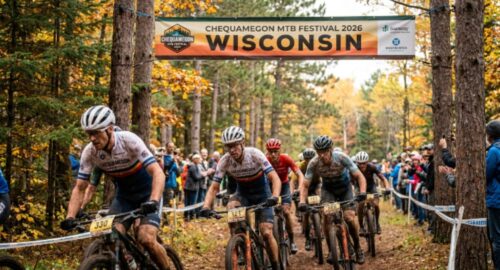 Mountain bikers racing through the forest trails of the Chequamegon-Nicolet National Forest during the Chequamegon MTB Festival 2026 in Wisconsin