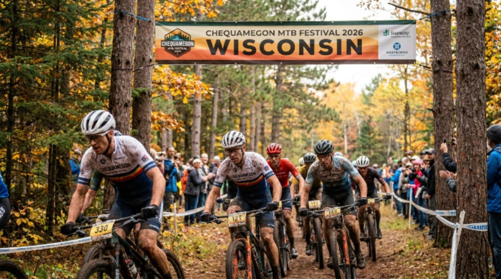 Mountain bikers racing through the forest trails of the Chequamegon-Nicolet National Forest during the Chequamegon MTB Festival 2026 in Wisconsin