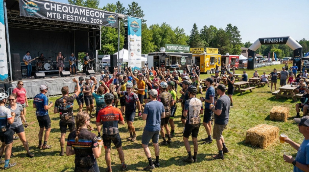 Spectators and riders celebrating at the Finish Festival with live music and food trucks at the Chequamegon MTB Festival 2026 in Cable, Wisconsin