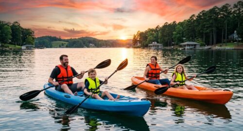 Family kayaking on Lake Norman wearing bright US Coast Guard approved life jackets.