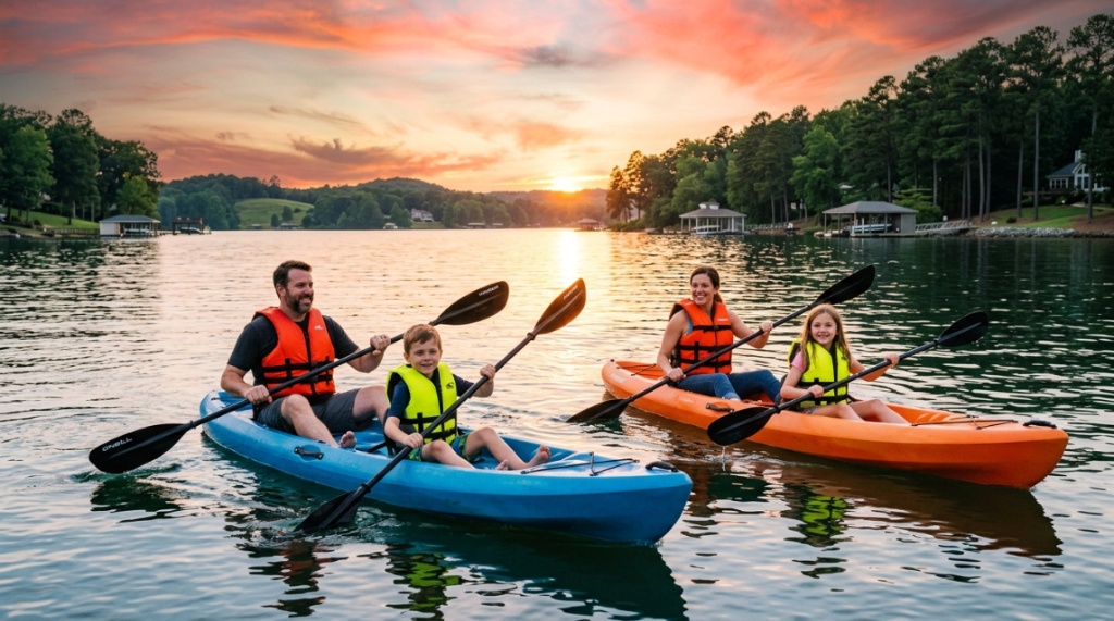 Family kayaking on Lake Norman wearing bright US Coast Guard approved life jackets.