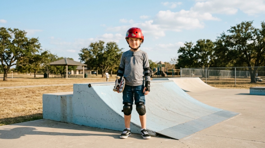Parent supervising a young child practicing skateboarding in a paved park.