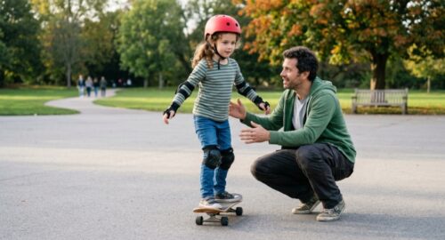 Child wearing protective gear standing near a safe public skate ramp.
